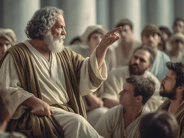 an older man with a beard pointing while talking to a group of men